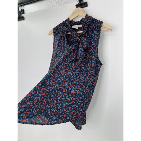 LOFT Women’s Navy Blue Floral Tie Beck Chiffon Sleeveless Blouse Boho‎ Sz M - Picture 3 of 8